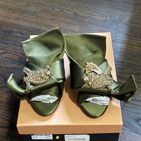 N.21 Raso Knot Flat Embellished Slides In Green Satin - Picture 1 of 16